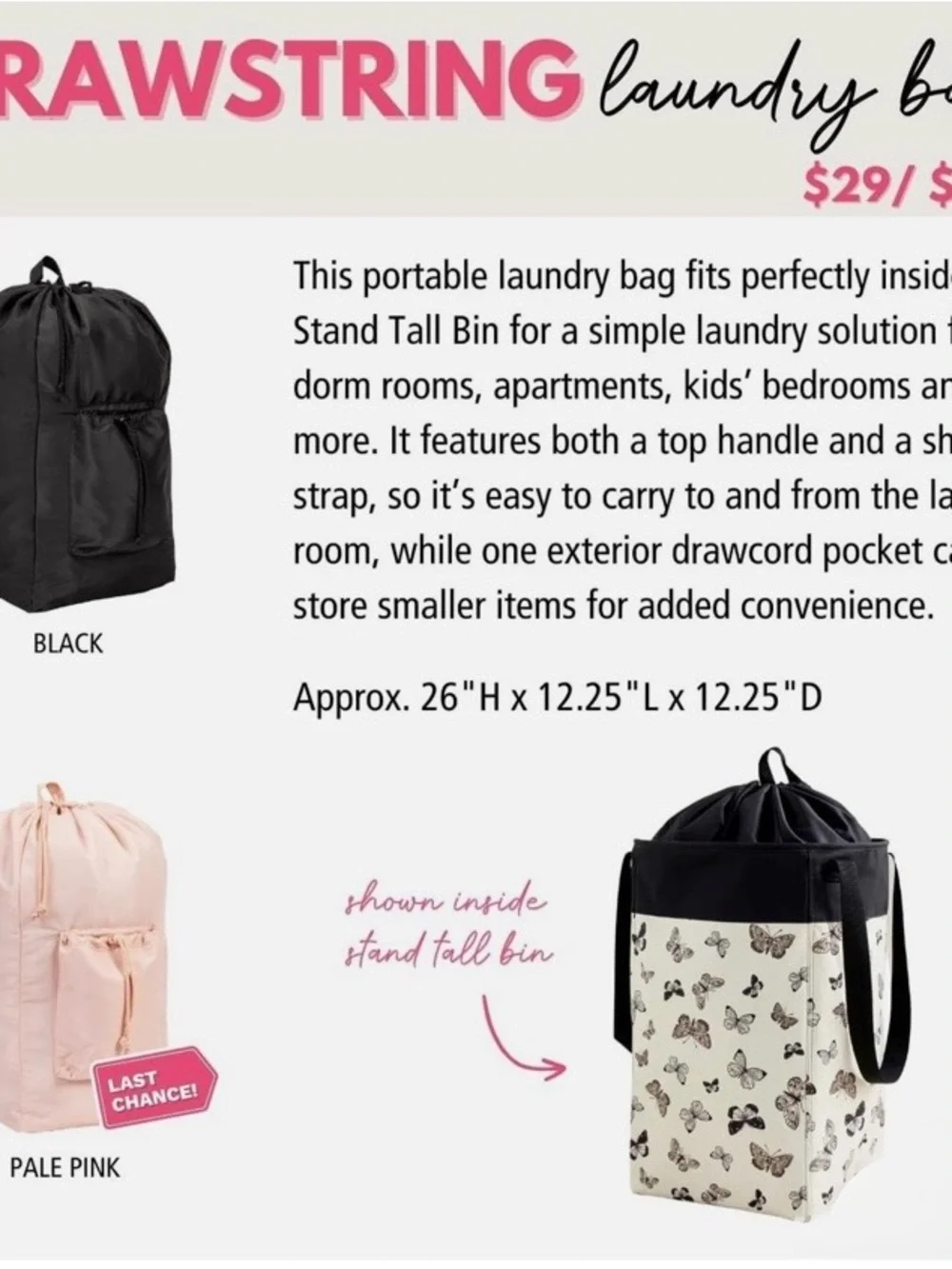 thirty-one Hot Pink Drawstring Laundry Tote